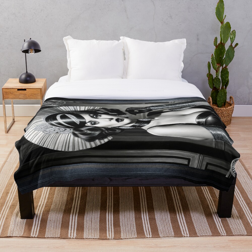 Enigmatic Art Deco Portrait Of The Timeless Beauty Lynphaea Captivating AI Concept Art by Xzendor7 Decorative Art Print Throw Blanket