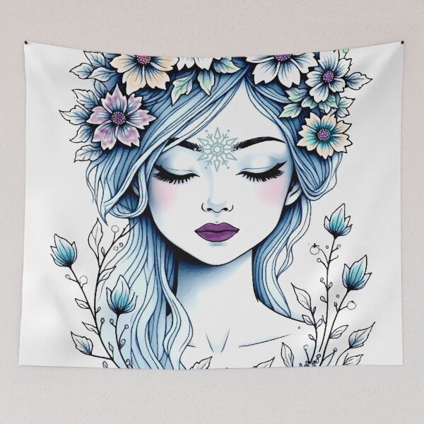 Item preview, Winter Goddess Illustration with Snowflakes and Frozen Flowers Fine Line Art Boho Style designed and sold by  Ojo de Lilith.