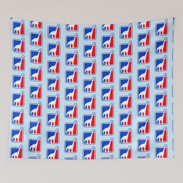 Item preview, Brachiosaurus Long Neck Dinosaur Logo Red Blue Symbol designed and sold by shirt-o-mat.