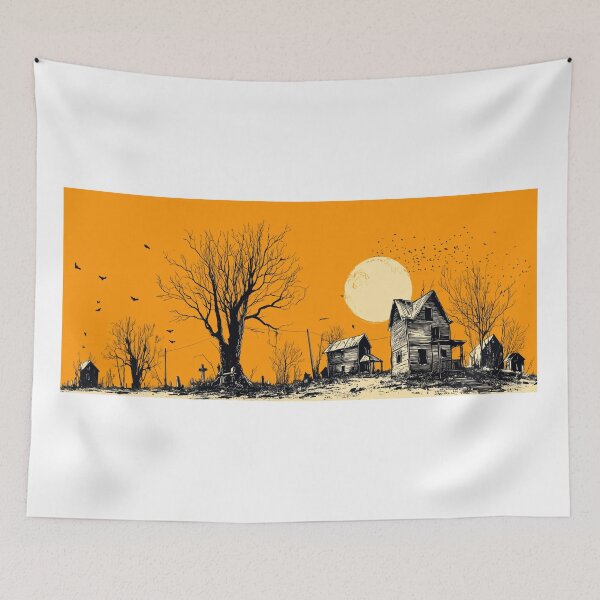 Item preview, Haunted house silhouette with barren trees at sunset designed and sold by DadGenX.