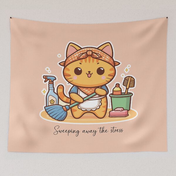 Item preview, Kawaii Calico Cat Sweeping Floor designed and sold by PetsClan.