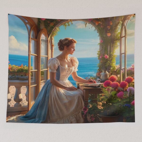 Aperçu de l'œuvre Victorian Woman Writing at the Ocean Terrace créée et vendue par BlareBlare.