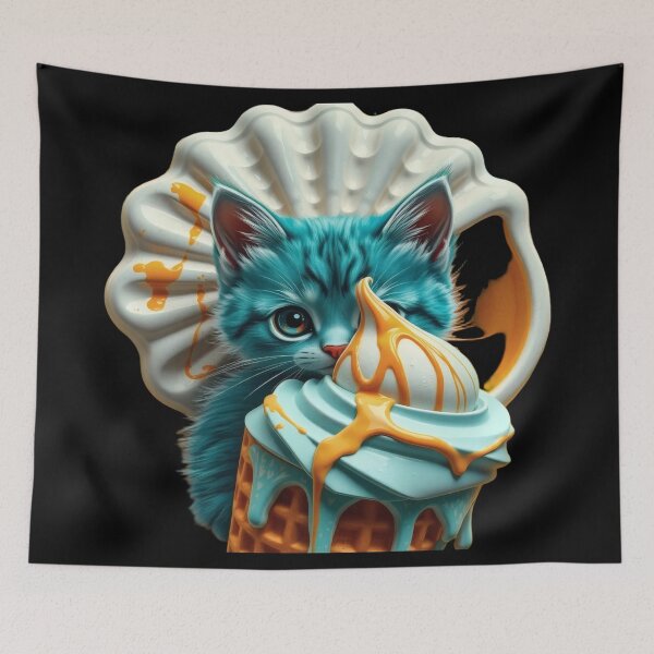 Item preview, Kawaii blue kitten with caramel ice cream and magic seashell - Colorful digital illustration designed and sold by Ralek.