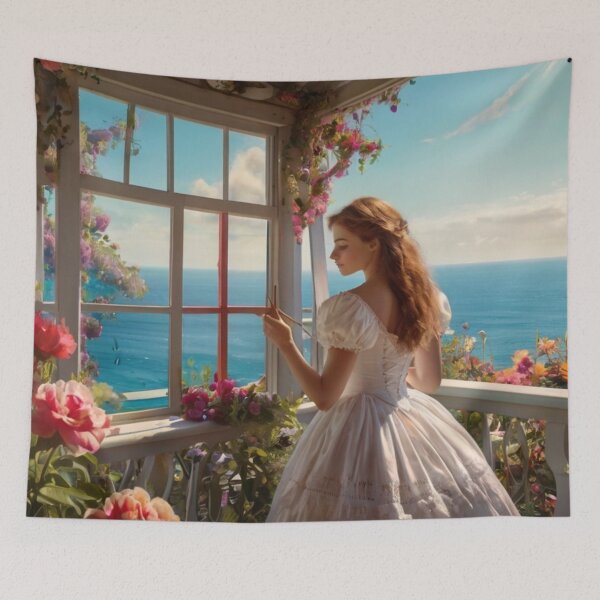 Aperçu de l'œuvre Victorian Woman in Seaside Terrace Painting Scene créée et vendue par BlareBlare.