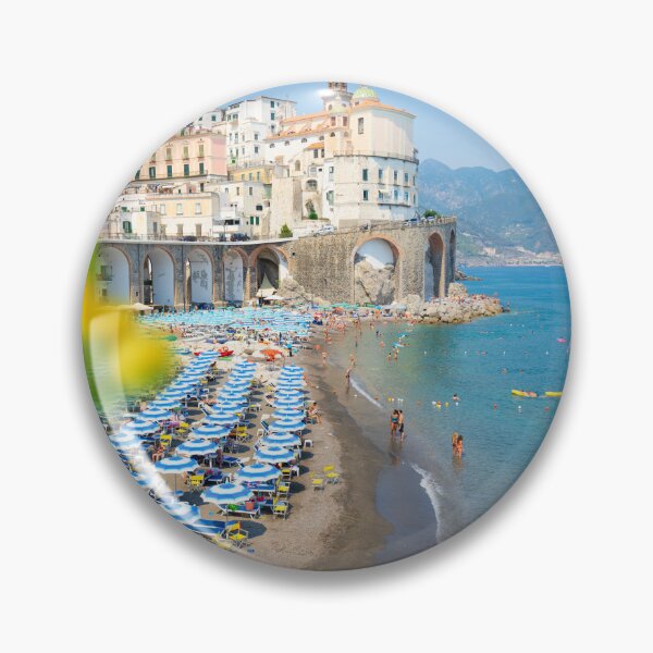 Item preview, Amalfi Coast - Spiaggia colorata con ombrelloni blu e scorcio panoramico designed and sold by Giomyke16.