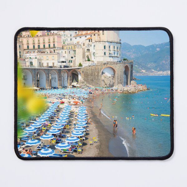 Item preview, Amalfi Coast - Spiaggia colorata con ombrelloni blu e scorcio panoramico designed and sold by Giomyke16.