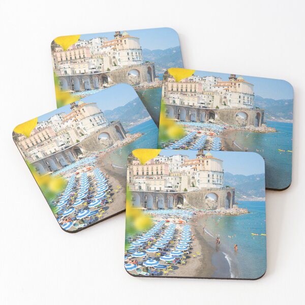 Item preview, Amalfi Coast - Spiaggia colorata con ombrelloni blu e scorcio panoramico designed and sold by Giomyke16.