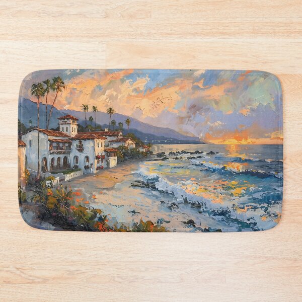 Item preview, Santa Barbara Coastal Sunset with Spanish-Style Village and Palm Trees designed and sold by daila70.