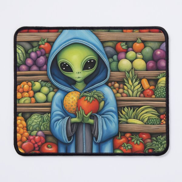 Item preview, Alien as a Market trader wearing a hoodie selling exotic fruit and veg from a market stall designed and sold by Colin Bentham.