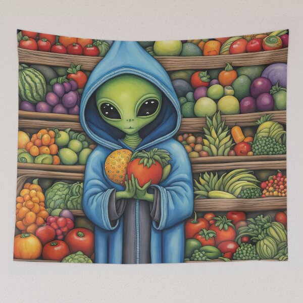 Item preview, Alien as a Market trader wearing a hoodie selling exotic fruit and veg from a market stall designed and sold by Colin Bentham.