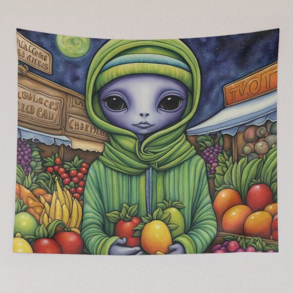 Item preview, Alien as a Market trader wearing a hoodie selling exotic fruit and veg from a market stall designed and sold by Colin Bentham.