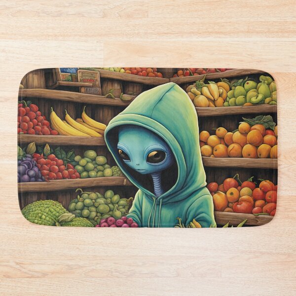 Item preview, Alien as a Market trader wearing a hoodie selling exotic fruit and veg from a market stall designed and sold by Colin Bentham.