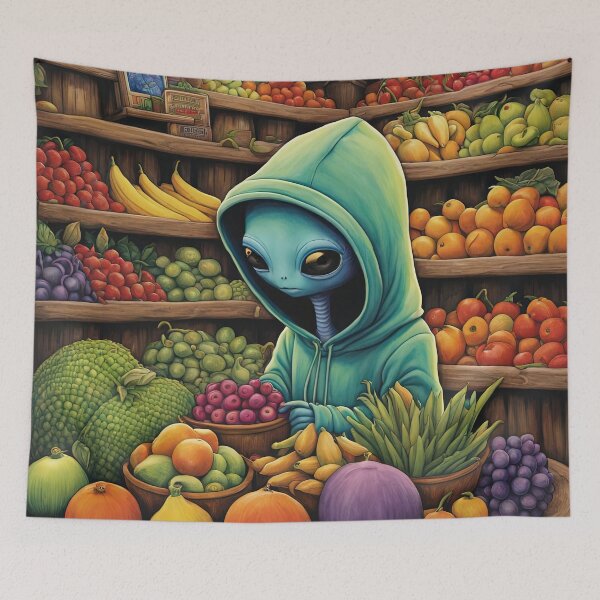 Item preview, Alien as a Market trader wearing a hoodie selling exotic fruit and veg from a market stall designed and sold by Colin Bentham.