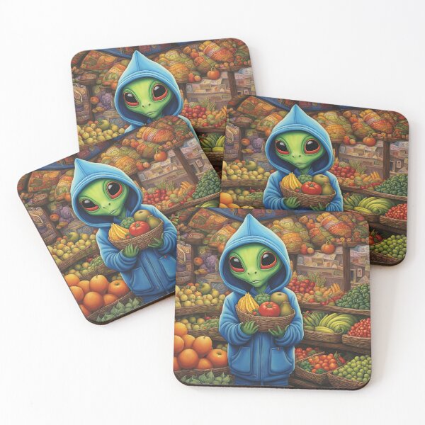 Item preview, Alien as a Market trader wearing a hoodie selling exotic fruit and veg from a market stall designed and sold by Colin Bentham.