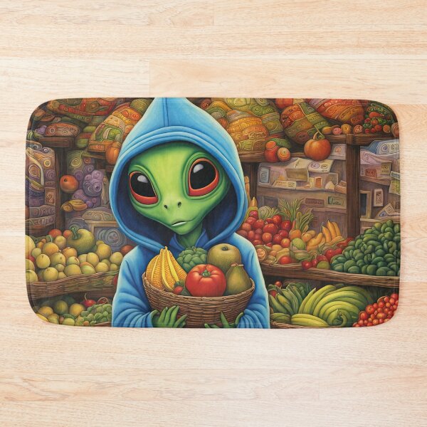 Item preview, Alien as a Market trader wearing a hoodie selling exotic fruit and veg from a market stall designed and sold by Colin Bentham.