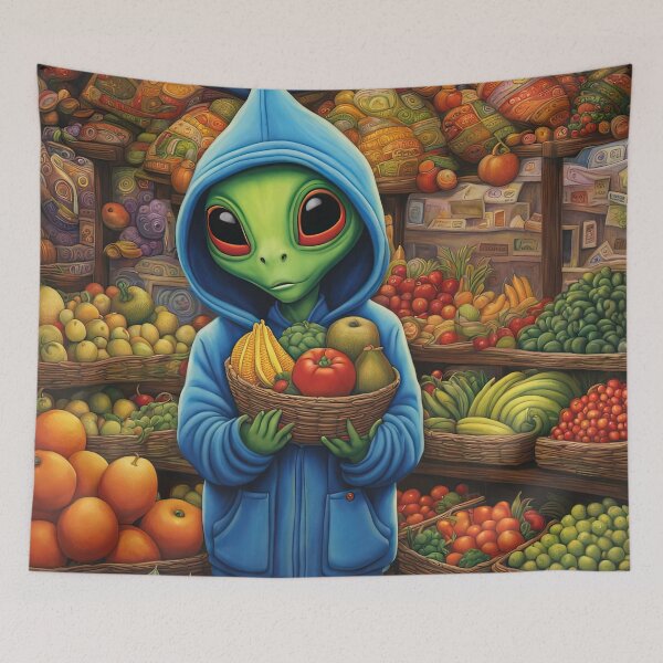 Item preview, Alien as a Market trader wearing a hoodie selling exotic fruit and veg from a market stall designed and sold by Colin Bentham.