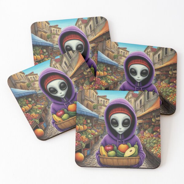 Item preview, Alien as a Market trader wearing a hoodie selling exotic fruit and veg from a market stall designed and sold by Colin Bentham.