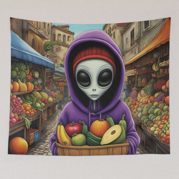 Item preview, Alien as a Market trader wearing a hoodie selling exotic fruit and veg from a market stall designed and sold by Colin Bentham.