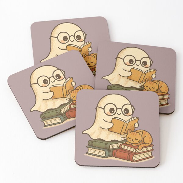 Item preview, Ghost Books – Cute Ghost with Glasses Reading and Cat on Books designed and sold by Meandmyshop.
