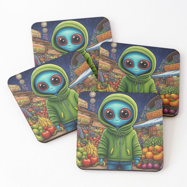 Item preview, Alien as a Market trader wearing a hoodie selling exotic fruit and veg from a market stall designed and sold by Colin Bentham.