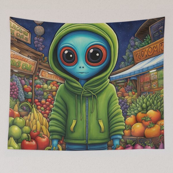 Item preview, Alien as a Market trader wearing a hoodie selling exotic fruit and veg from a market stall designed and sold by Colin Bentham.