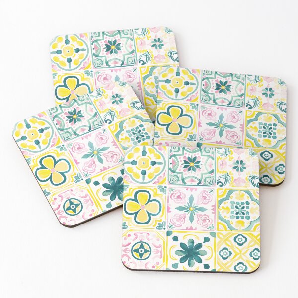 Item preview, Watercolor Geometric Floral Portuguese Tiles – Pastel Yellow Pink Green Pattern designed and sold by imaginefountain.