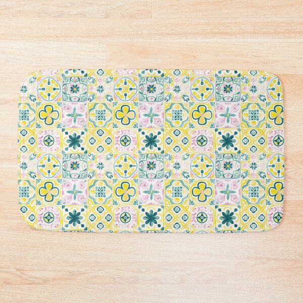 Item preview, Watercolor Geometric Floral Portuguese Tiles – Pastel Yellow Pink Green Pattern designed and sold by imaginefountain.
