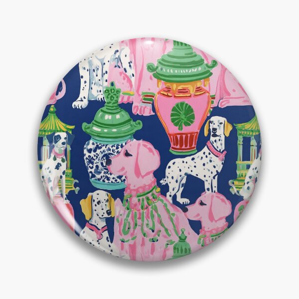 Item preview, Preppy, Grandmillennial chinoiserie dogs, pagodas and ginger jars in pink, orange and green on navy  designed and sold by SophieClimaArt.