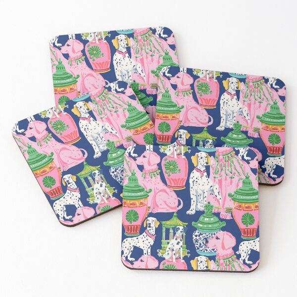 Item preview, Preppy, Grandmillennial chinoiserie dogs, pagodas and ginger jars in pink, orange and green on navy  designed and sold by SophieClimaArt.