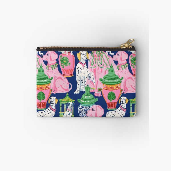 Item preview, Preppy, Grandmillennial chinoiserie dogs, pagodas and ginger jars in pink, orange and green on navy  designed and sold by SophieClimaArt.