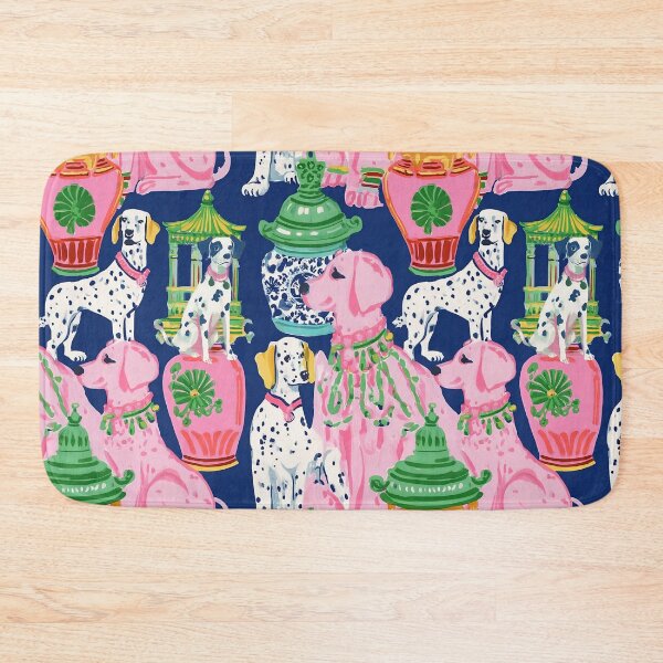 Item preview, Preppy, Grandmillennial chinoiserie dogs, pagodas and ginger jars in pink, orange and green on navy  designed and sold by SophieClimaArt.