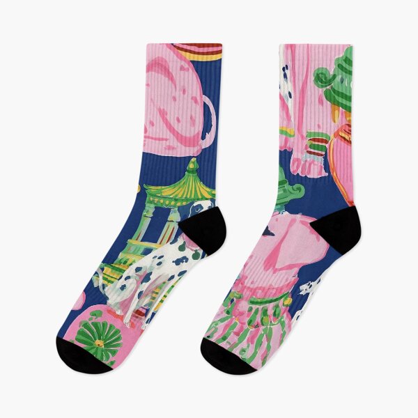 Item preview, Preppy, Grandmillennial chinoiserie dogs, pagodas and ginger jars in pink, orange and green on navy  designed and sold by SophieClimaArt.