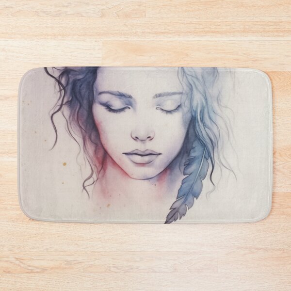 Item preview, A serene close-up of a young woman with closed eyes and flowing hair adorned with a delicate feather on a soft background designed and sold by anytka.