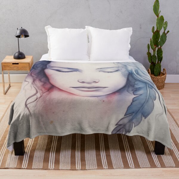 Item preview, A serene close-up of a young woman with closed eyes and flowing hair adorned with a delicate feather on a soft background designed and sold by anytka.