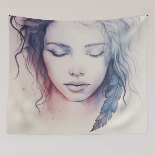 Item preview, A serene close-up of a young woman with closed eyes and flowing hair adorned with a delicate feather on a soft background designed and sold by anytka.