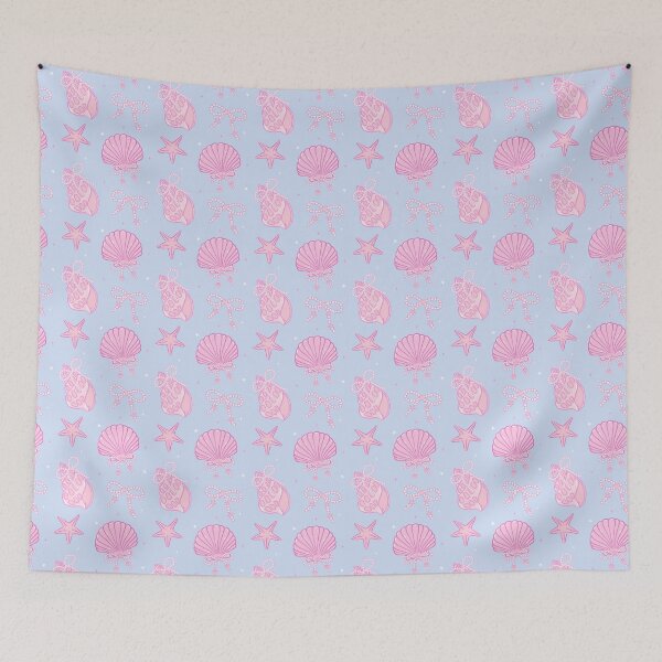 Item preview, Retro Coquette Seashells & Pearl Bows Pattern on Powder Blue Background designed and sold by smeraldosecrets.