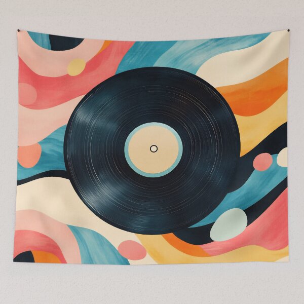 Item preview, Colorful abstract background with a black vinyl record at the center, combining artistic elements and musical nostalgia designed and sold by anytka.