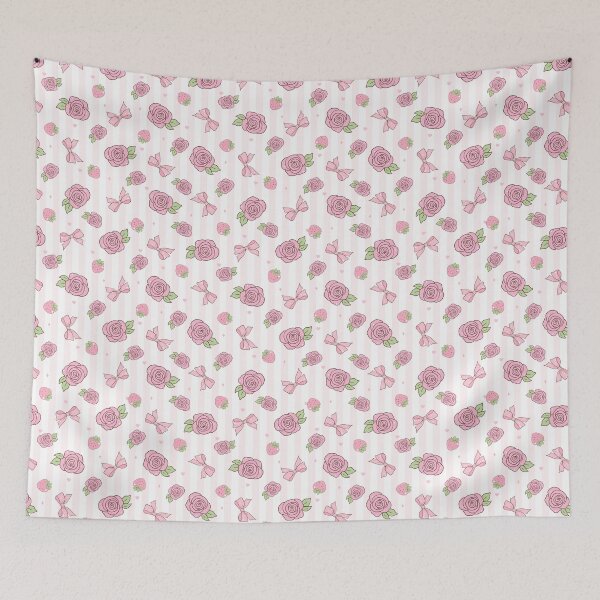 Item preview, Coquette Roses, Bows & Strawberries on Striped Pattern designed and sold by smeraldosecrets.