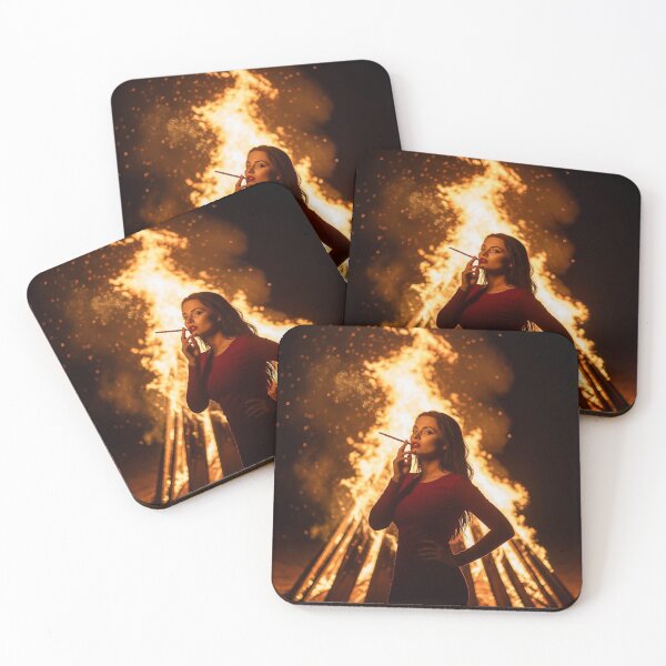 Item preview, Elegant Woman in Red Dress Posing by Intense Bonfire at Night. designed and sold by Spark2Seduction.