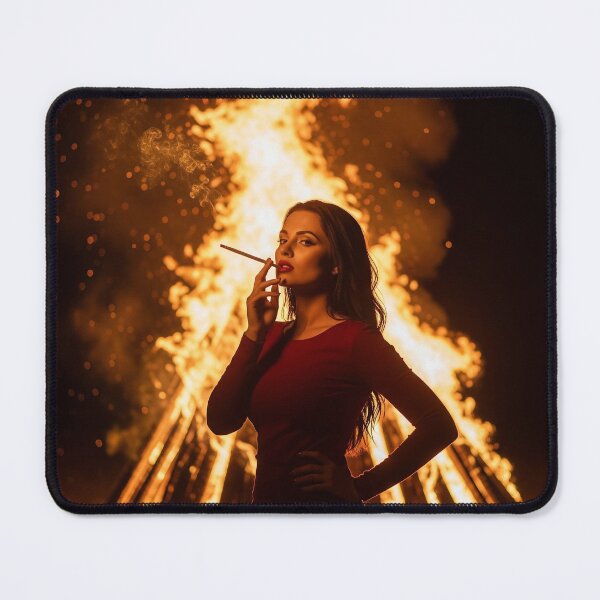 Item preview, Elegant Woman in Red Dress Posing by Intense Bonfire at Night. designed and sold by Spark2Seduction.