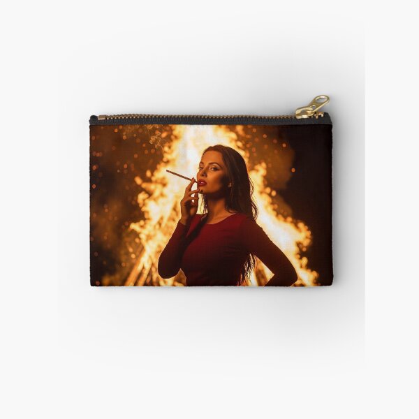 Item preview, Elegant Woman in Red Dress Posing by Intense Bonfire at Night. designed and sold by Spark2Seduction.