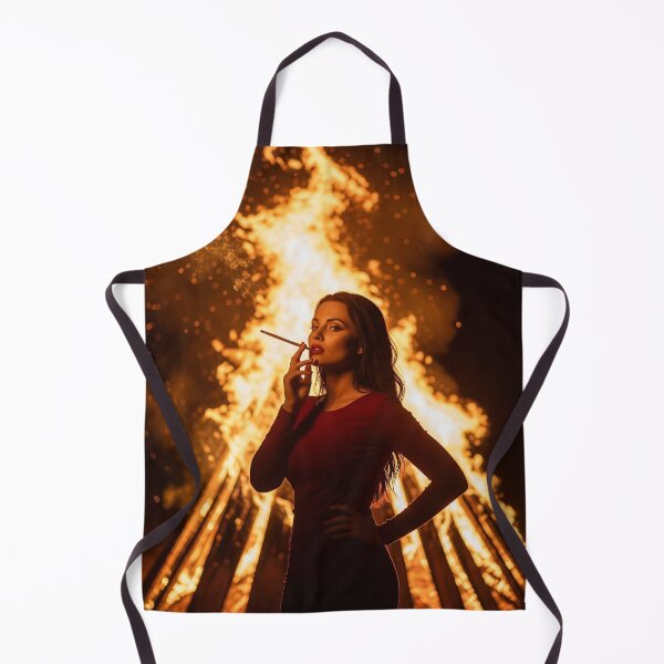Item preview, Elegant Woman in Red Dress Posing by Intense Bonfire at Night. designed and sold by Spark2Seduction.