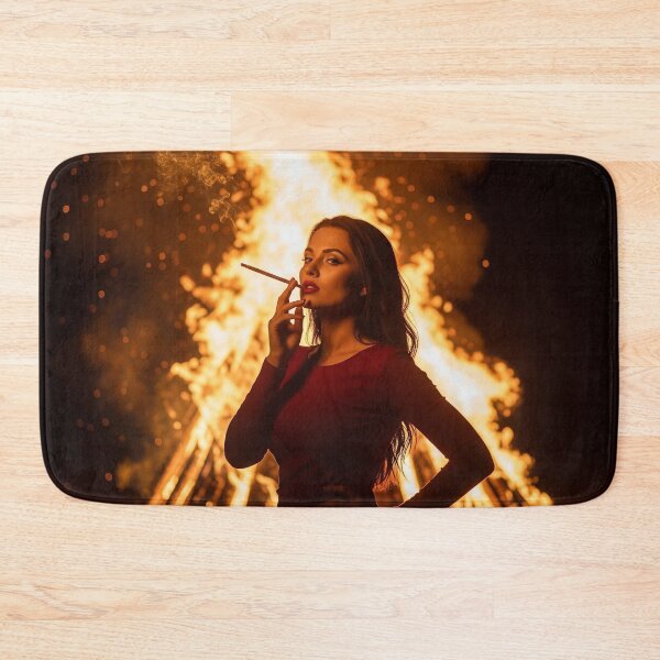 Item preview, Elegant Woman in Red Dress Posing by Intense Bonfire at Night. designed and sold by Spark2Seduction.