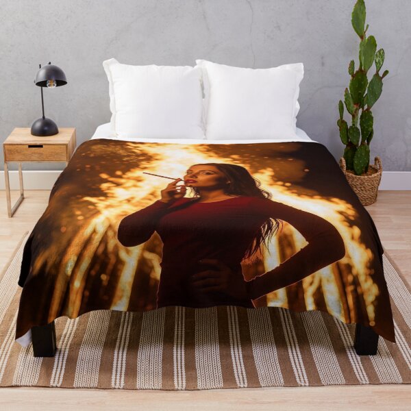 Item preview, Elegant Woman in Red Dress Posing by Intense Bonfire at Night. designed and sold by Spark2Seduction.