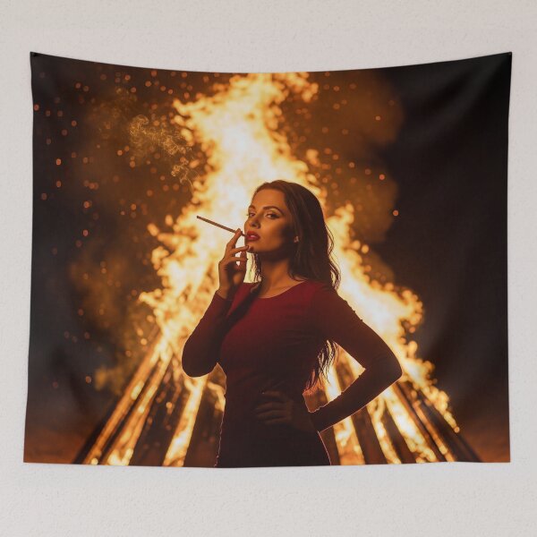 Item preview, Elegant Woman in Red Dress Posing by Intense Bonfire at Night. designed and sold by Spark2Seduction.