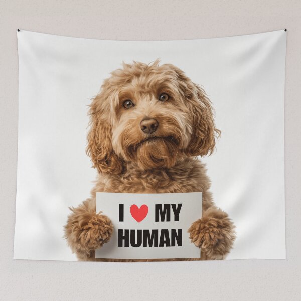 Aperçu de l'œuvre Caniche mignon avec panneau « J'aime mon humain » créée et vendue par LazyOwlStore.