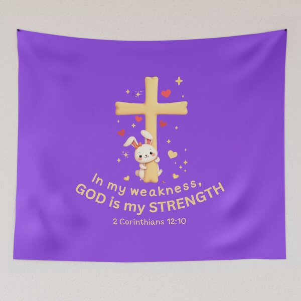 Item preview, Christian Mental Health Support – God is My Strength- 2 Corinthians 12:10 Kawaii Bunny Cross Bible Verse Encouragement designed and sold by AmenAlways.