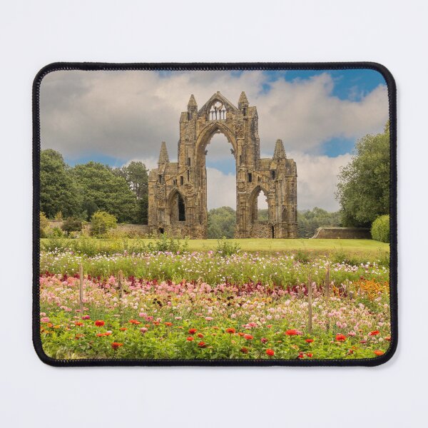 Item preview, Gisborough Priory framed by vibrant summer flower beds. designed and sold by bailey-cooper.