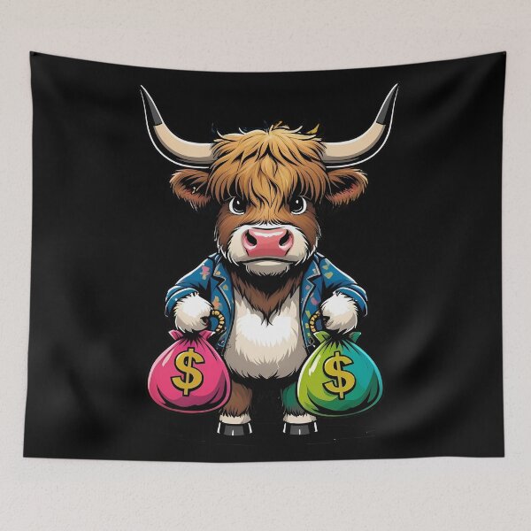 Item preview, Cool Highland Cow Cartoon with Money Bags designed and sold by Bawek85Designs.
