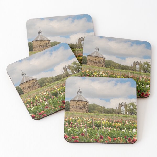 Item preview, Dovecote and Gisborough Priory beyond dahlia flower field designed and sold by bailey-cooper.